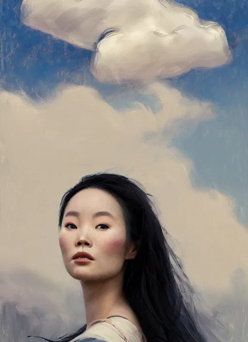 Image similar to portrait of Mulan in white cloth, countryside, fantasy character portrait, dynamic pose, above view, view from above, sunny day, thunder clouds in the sky, artwork by Jeremy Lipkin and Giuseppe Dangelico Pino and Michael Garmash and Rob Rey, very coherent symmetrical artwork, perfect face, simple form, 100mm