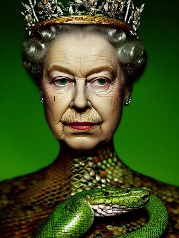 Prompt: portrait of queen elizabeth, skin peeling to reveal green! scales!, forked snake tongue sticking out, art by ryo shiotani and greg rutkowski, intricate, beautiful, portrait photography, cinematic lighting, vintage art by serge ivanoff, high resolution, very detailed