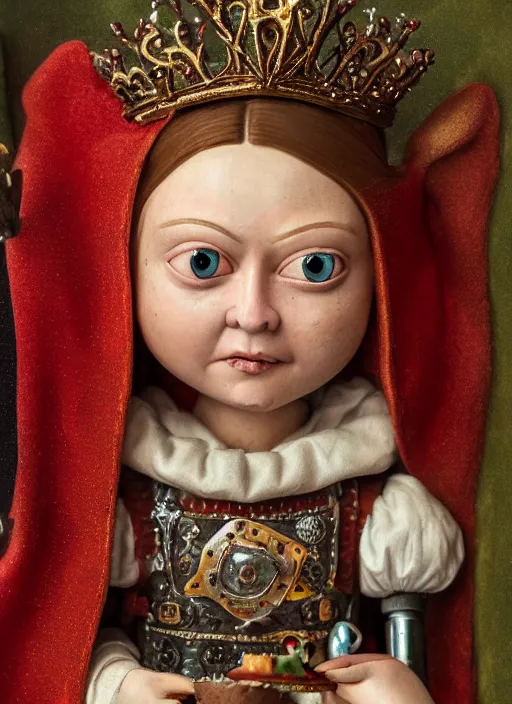 Prompt: closeup medieval jan van eyck face portrait of tin toy greta thunberg medieval goblin as a fairytale princess wearing a crown eating cakes in the castle, bikini, detailed and intricate environment, nicoletta ceccoli, mark ryden, lostfish, hyperrealistic, octane render