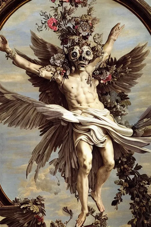 Image similar to A flying icarus reaching for the sun with a skull mask and wings as a corrupted and glitched Greek sculpture, glowing quartz crystal skull, wreath of ferns, abstract milky quartz eyes, many large flying monster eyes, flowing sakura silk, fabric, flowers. baroque elements, human skull. full-length view. baroque element. intricate artwork by caravaggio. many many birds birds on background. Trending on artstation. halo. octane render, cinematic, hyper realism, octane render, 8k, depth of field, 3D