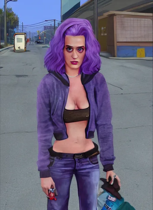 Image similar to Highly detailed full-body portrait of homeless Katy Perry, in GTA V, Stephen Bliss