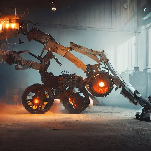 Image similar to wheelbarrow mecha, dark messy smoke - filled cluttered workshop, dark, dramatic lighting, orange tint, sparks, cinematic, highly detailed, sci - fi, futuristic, movie still