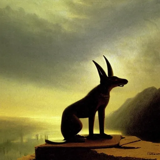 Image similar to Anubis scowling at the viewer, the background a gloomy fog rolling over the plains illustrated by Albert Bierstadt