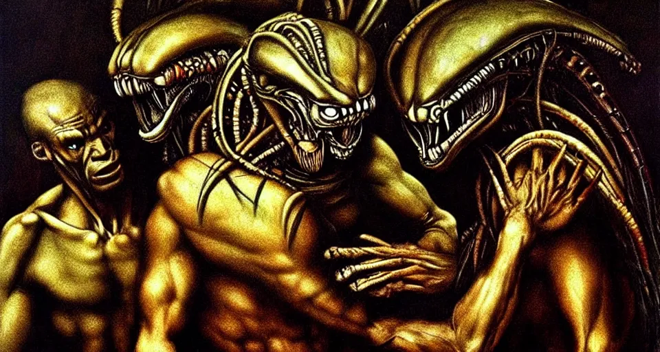 Image similar to predator movie alien. renaissance painting by leonardo davinci and michaelangelo