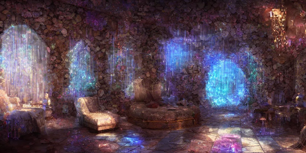 Prompt: hyper realist matte digital painting of a room made of crystals, fantasy art, photo realistic, dynamic lighting, artstation, volumetric lighting