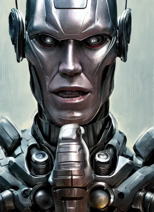 Image similar to portrait of willem dafoe as tinman, cyborg, borg, android, strogg, face of a man, robocop, cable, victor stone, ultron, terminator, machine, flesh, quake, doom demon, wolfenstein, monster, symmetry, symmetrical, concept art by ruan jia and greg rutkowski