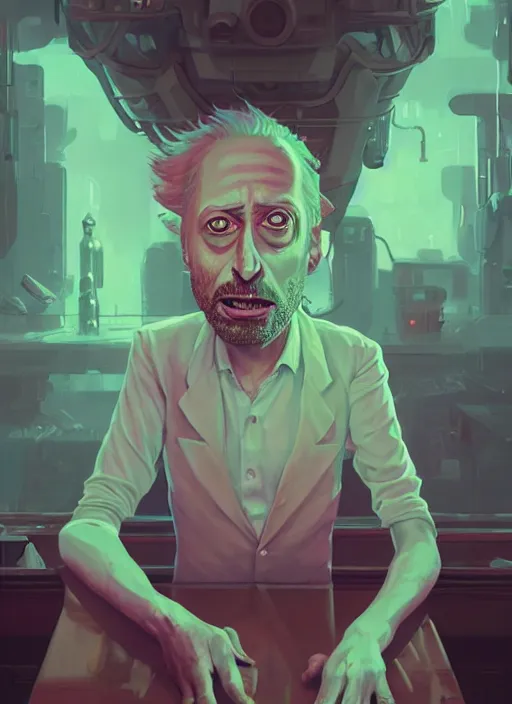 Image similar to fantasy portrait of drunk alcoholic rick from rick & morty, intricate abstract. intricate artwork, by greg rutkowski, wlop, beeple, dan mumford. concept art, octane render, trending on artstation, greg rutkowski very coherent symmetrical artwork. cinematic, key art, hyper realism, high detail, octane render, 8 k, iridescent accents