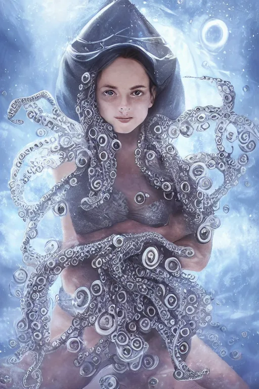 Prompt: young angelina golie portman as an octopus witch dressed in intricate silver clothing surrounded by underwater particles above sharks and sea creatures, fantasy, wlop, trending on artstation, deviantart, anime key visual, official media, professional art, 8 k uhd