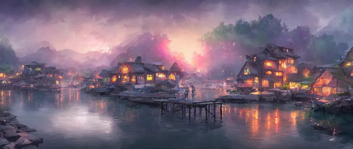 Image similar to fishing village crowded with houses around a lake, concept art, digital painting, style of jordan grimmer, warm lighting, futuristic, volumetric lighting, view from below, vivid colours, bright, daytime, godrays, high detail