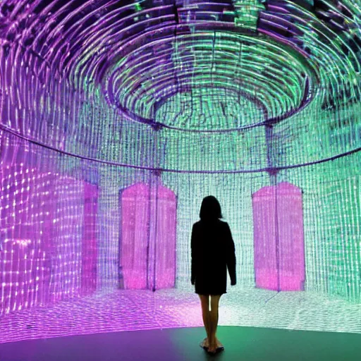 Image similar to a woman standing in front of a light sculpture, a hologram by bruce munro, featured on tumblr, interactive art, hall of mirrors, tesseract, futuristic