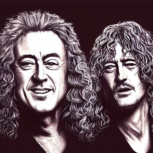 Prompt: An illustration of jimmy page and robert plant on stage in front of a huge crowd in the style of MeatCanyon, Face Portrait, hyper detailed, deviantart,