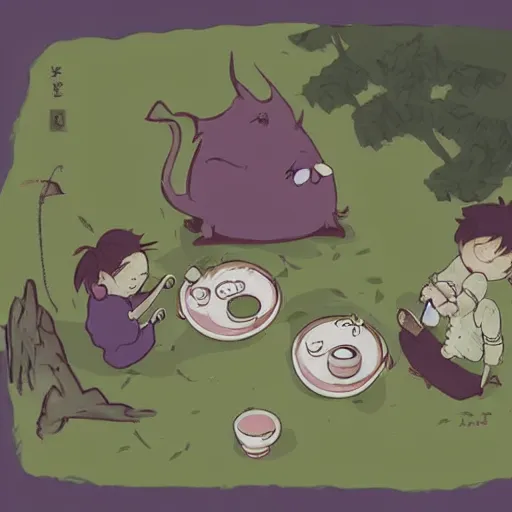 Image similar to small creatures having tea party in a humans beard. in a style of hayao miyazaki.