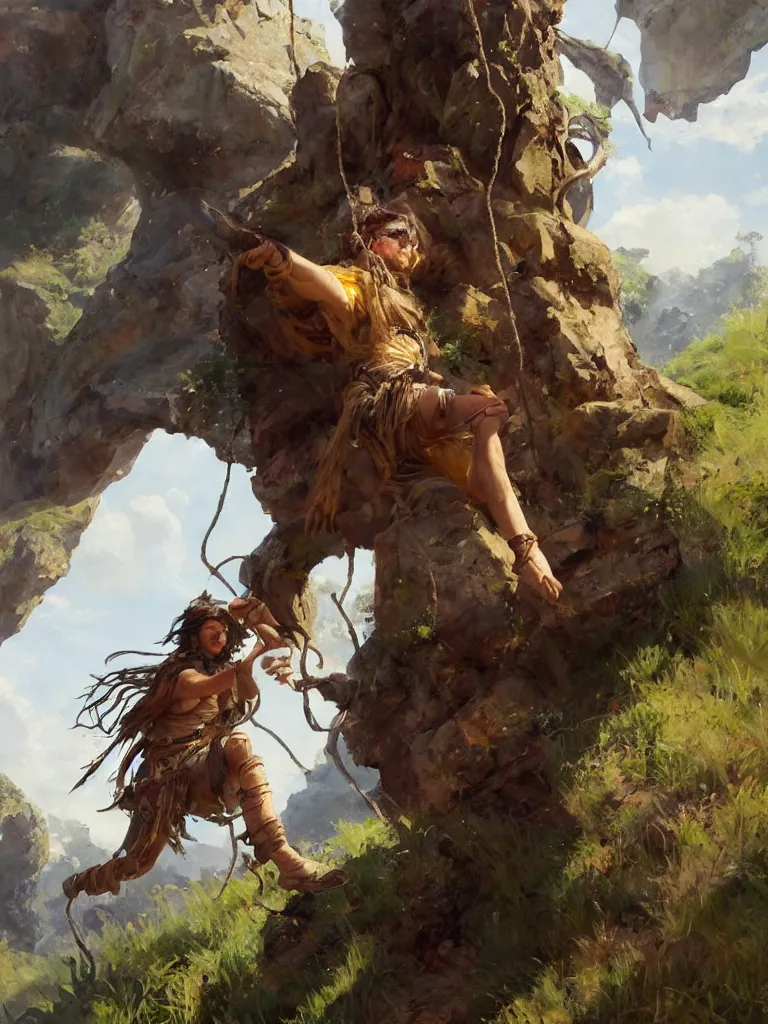 Image similar to oil art close - up of young roma mage adventurer climbing down a cliffside in style of disco elysium character, gipsy jester character design from ravenloft, art by anders zorn, wonderful masterpiece by greg rutkowski, beautiful cinematic light, american romanticism by greg manchess, jessica rossier