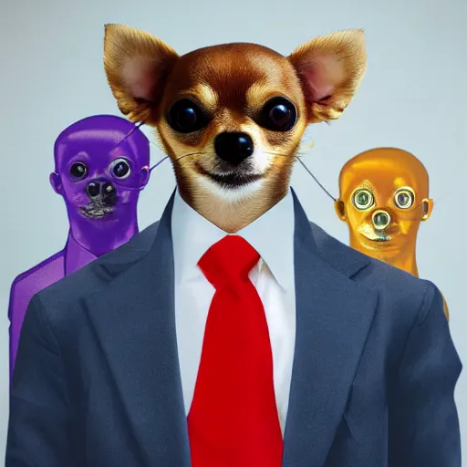 Prompt: professional portrait photo of a humanoid, with robotic parts on his face, honey color chihuahua dog, digital - art woman with a suit super hero