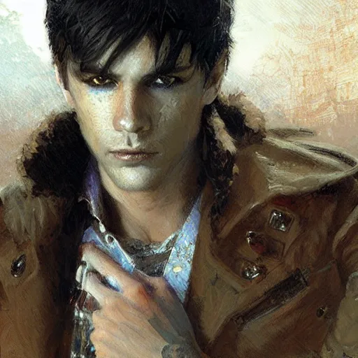 Image similar to A handsome emo guy, close-up painting by Gaston Bussiere, Craig Mullins