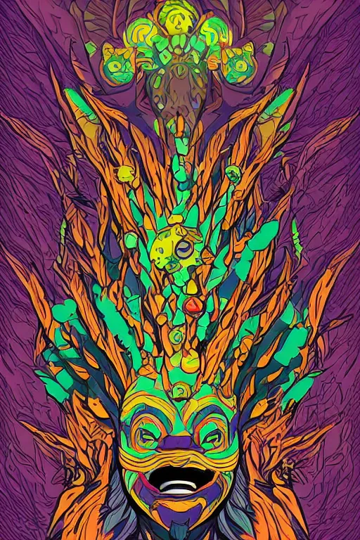 Image similar to animal mask totem roots flower tribal feather gemstone plant wood rock shaman vodoo video game vector cutout illustration vivid multicolor borderlands comics by josan gonzales and dan mumford radiating a glowing aura