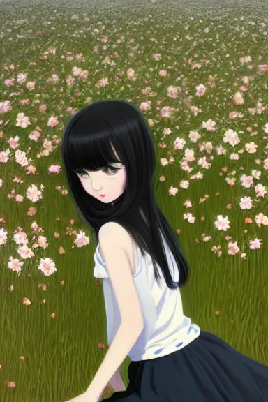 Image similar to little girl with her long black hair dressed in a simple white dress laying down on a flowery field, anime art style, digital art by ilya kuvshinov, inspired by balthus, hd, 4 k, hyper detailed, rear view