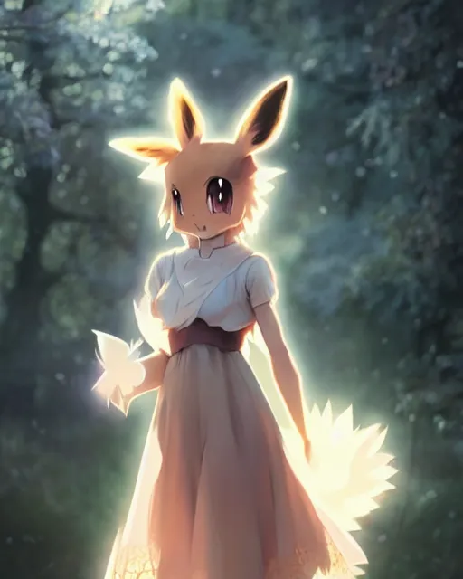 Image similar to photo of eevee pokemon humanisation, in lace brown dress, film still, dslr, by greg rutkowski, ross tran, artgerm, wlop glossy skin, pearlescent, very coherent