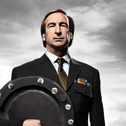 Image similar to Saul Goodman wearing heavy military gear and holding a bulletproof shield, highly detailed, 4k