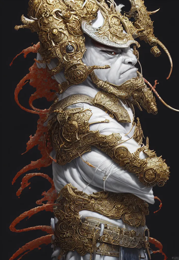 Image similar to subsurface scattering, white, koi, samurai deity with filigree ivory armor, by jesper ejsing, james jean, justin gerard, tomasz alen kopera, cgsociety and fenghua zhong, highly detailed, rim light, cinematic lighting, illustration, art, octane render, very coherent, cinematic, hyper realism, high detail, 8 k