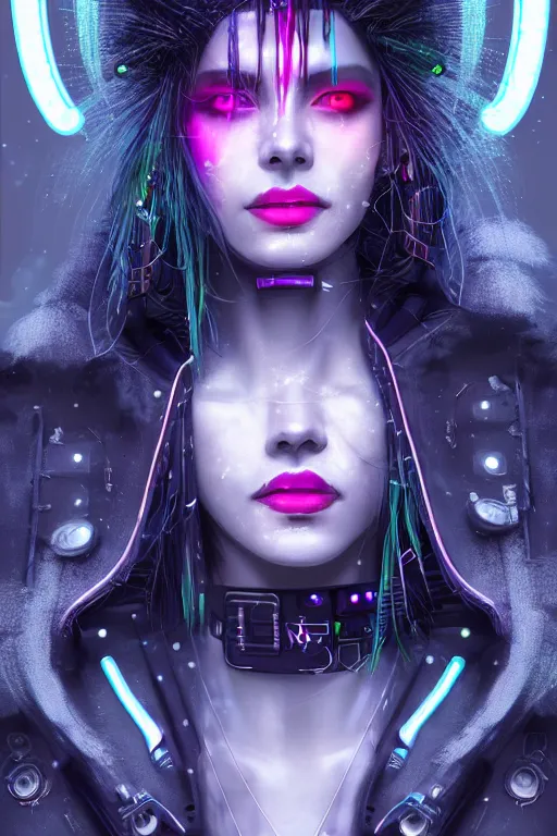 Prompt: portrait futuristic genuine cyberpunk female Witch Doctor, in futuristic stormy heavy snowy thunder tokyo rooftop Enchantment cyberpunk night, ssci-fi, fantasy, intricate, very very beautiful, elegant, neon light, highly detailed, digital painting, artstation, concept art, soft light, hdri, smooth, sharp focus, illustration, art by tian zi and craig mullins and WLOP and alphonse mucha