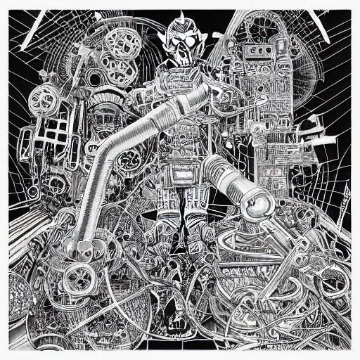 Image similar to “geometrically incomprehensible surreal order of robot factory, extremely high detail, photorealistic, intricate line drawings, dotart, album art in the style of James Jean”