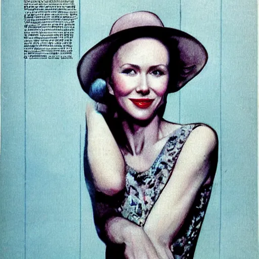 Image similar to “Naomi Watts portrait, color vintage magazine illustration 1950”