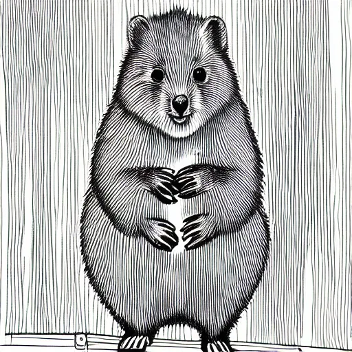 Prompt: monochromatic illustration of a happy quokka, monochrome, mono, one line, line drawing, unbroken, minimalist, no background, white space, white background, black and white