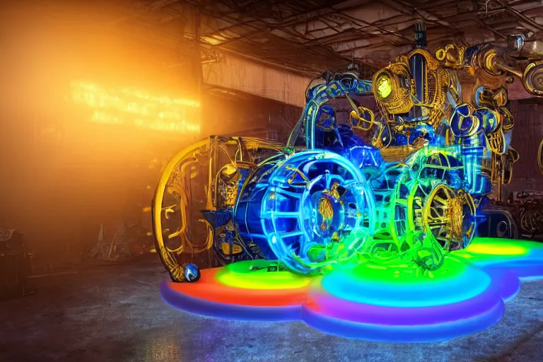 Prompt: floor is fluffy rainbow foam, portrait photo of a giant huge golden and blue metal steampunk robot, with gears and tubes, eyes are glowing red lightbulbs, shiny crisp finish, 3 d render, 8 k, insaneley detailed, fluorescent colors, background is multicolored lasershow