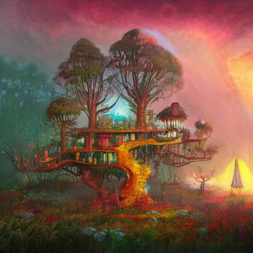 Image similar to detailed concept colorful fantasy painting of a transcendental treehouse, artwork by Paul Lehr and Lexander Jansson, framed focus, cinematic lighting, hyperdetailed, 8k, high resolution, insanely detailed and intricate, octane render