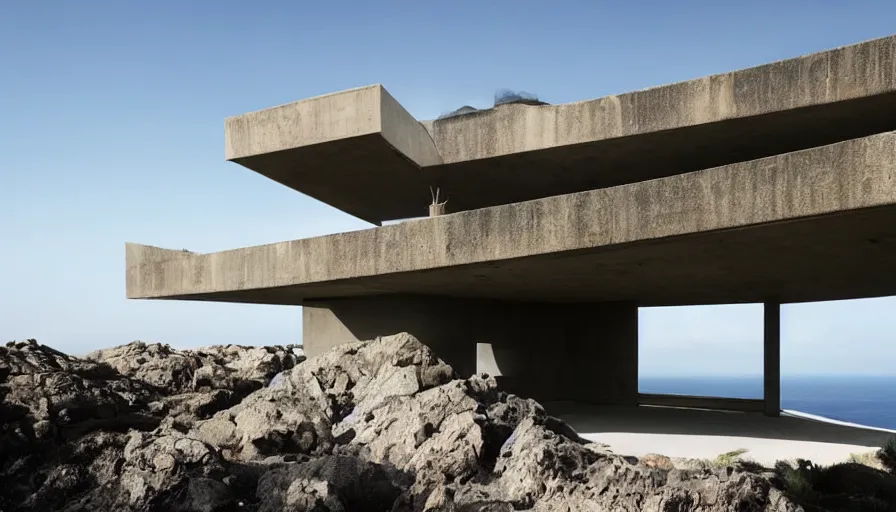 Image similar to brutalist base perched on a cliff overlooking a magnificient bay, drawing architecture, fog horizon, pritzker architecture prize, greig fraser