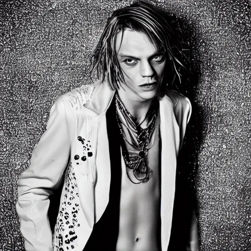 Image similar to Jamie Campbell Bower as a glam rock god, studio photograph for his new hair metal album