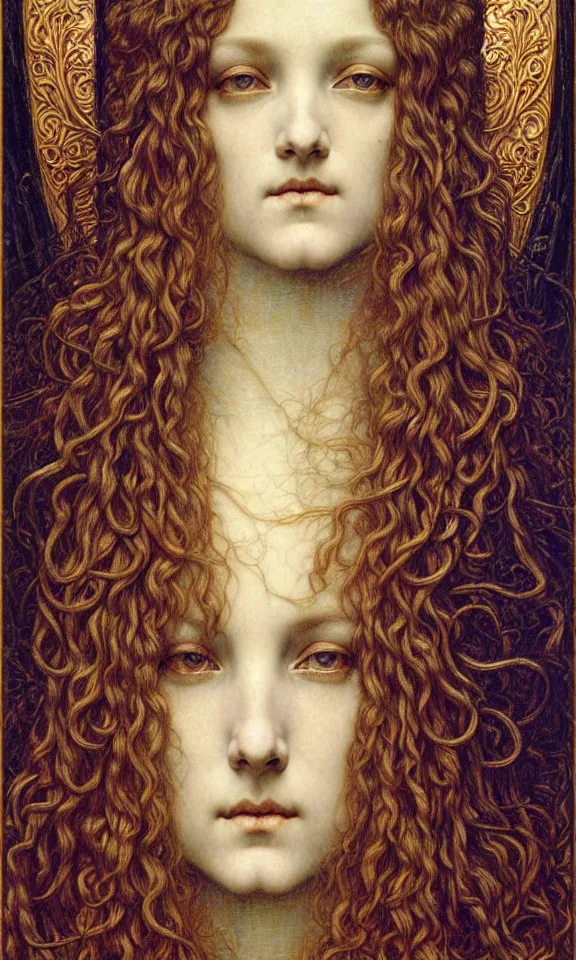 Image similar to detailed realistic beautiful young medieval queen face portrait by jean delville, gustave dore and marco mazzoni, art nouveau, symbolist, visionary, gothic, pre - raphaelite. horizontal symmetry