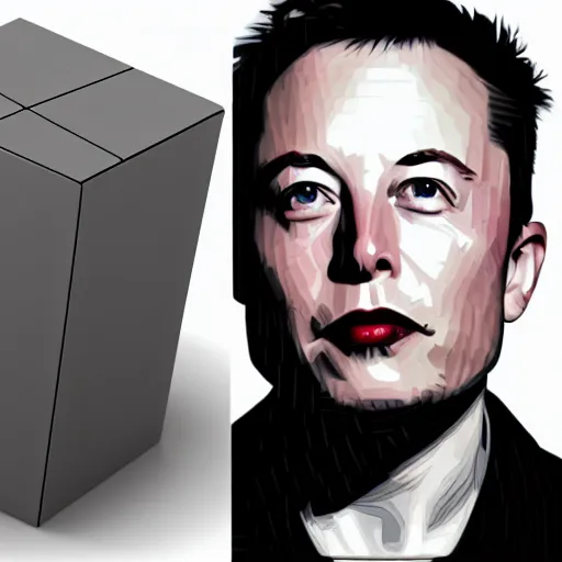 Image similar to elon musk with a cube head, photorealistic