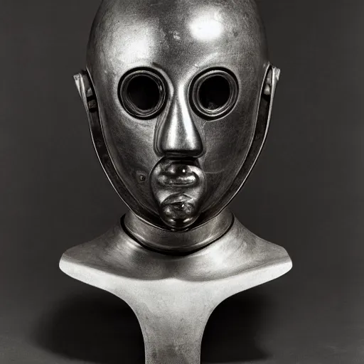 Image similar to photo portrait of 19 century brutal shiny metal face mask with fine detail engravings and runes cultist lord rich baron by Diane Arbus and Louis Daguerre