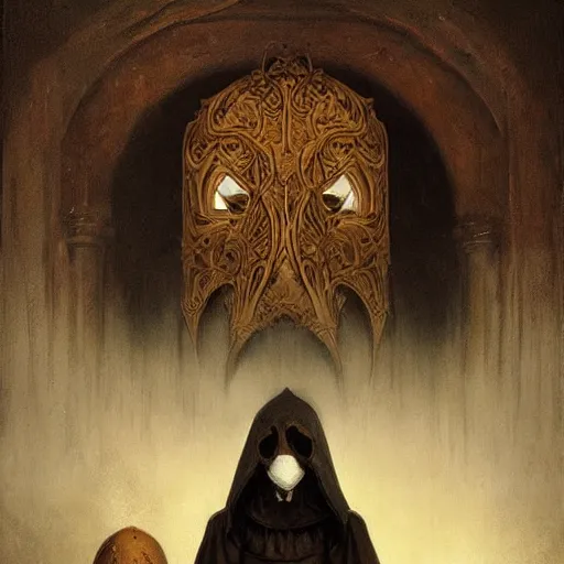 Prompt: hooded cultists wearing beautiful intricate wooden masks, by rembrandt, peter mohrbacher
