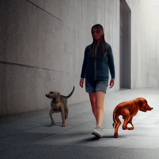 Image similar to Full lenght view contemporary art photography of ultra mega super hyper realistic highly detailed girl walking with a highly realistic dog . Photo on Leica Q2 Camera, Rendered in VRAY and DaVinci Resolve and MAXWELL and LUMION 3D, Volumetric natural light