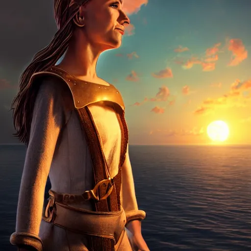 Image similar to portrait of a woman medieval ship pilot on a ship looking into the sunset on the sea, wearing breastplate, hair in side part, digital art, bokah, high fantasy art style