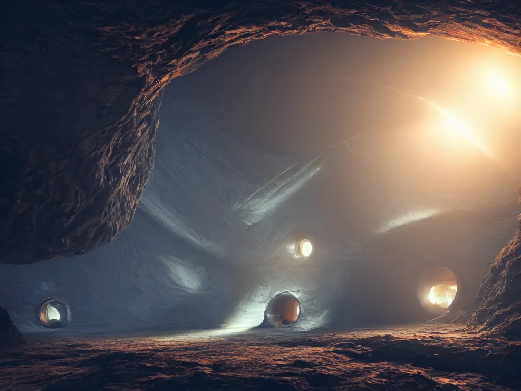 Prompt: mothership inside a worm hole, artstation, volumetric light, high detail, reflections, perfect, concept art, hdr, 4 k