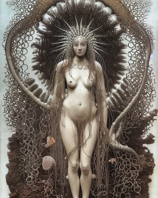 Image similar to realistic detailed underwater portrait of the beutiful young goddess of the fish of the three times with an intricate headdress of corals, sea kelp, sea plants, fish, jellyfish, art by ernst haeckel, zdzisław beksinski, h. r. giger, alphonse mucha, gothic, neo - gothic, ornamental,