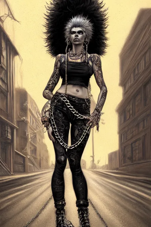 Image similar to fullbody potrait of punk rocker woman in street, woman is wearing chains, hyper realistic, intricate, elegant, highly detailed, digital painting, artstation, concept art, matte, sharp focus art by boris vallejo and greg rutkowski, smooth, sharp focus, illustration