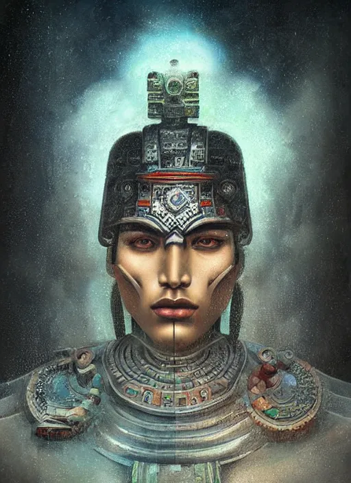 Image similar to portrait of tlaloc the aztec god of rain and thunder, by bogdan rezunenko and denys tsiperko and tom bagshaw