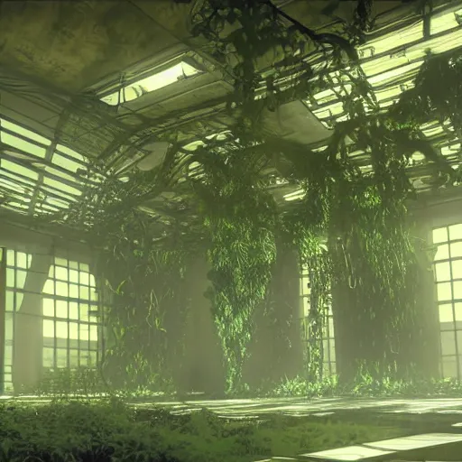 Image similar to GLaDOS in the center of a huge hall overgrown with vines and plants of the complex, old computers, a suspension of dust in the air, rays of light through the ceiling, realism, art,