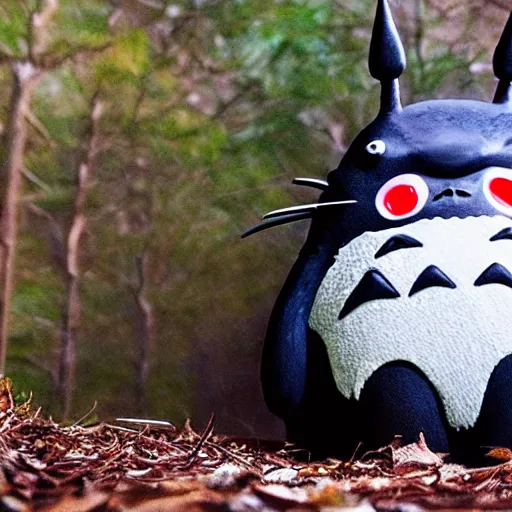 Image similar to action photograph of a terrifying totoro with glowing eyes about to attack the camera from the shadows, gothic, horror film, claws, sharp teeth, aggressive violent realistic flash photography
