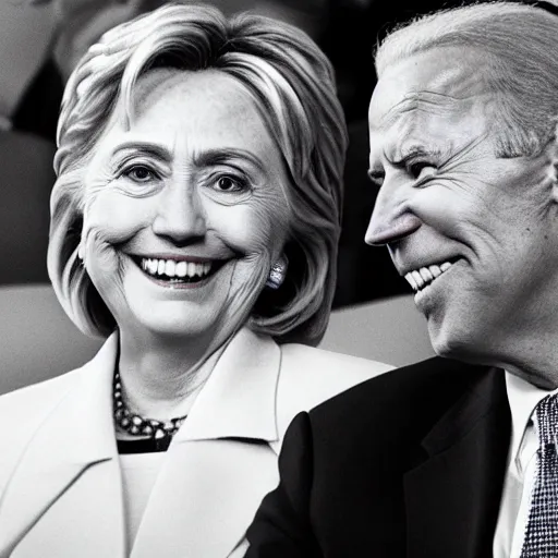 Prompt: up close of joe biden and hillary clinton cuddling on a loveseat