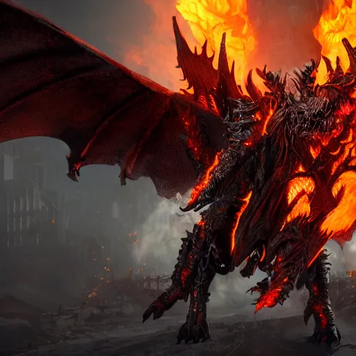 Image similar to 4k unreal engine render of Deathwing spreading his fire in a epic way, dynamic lighting, stunning visuals, cinematic, ultra detailed, trending on art station, fantasy concept art