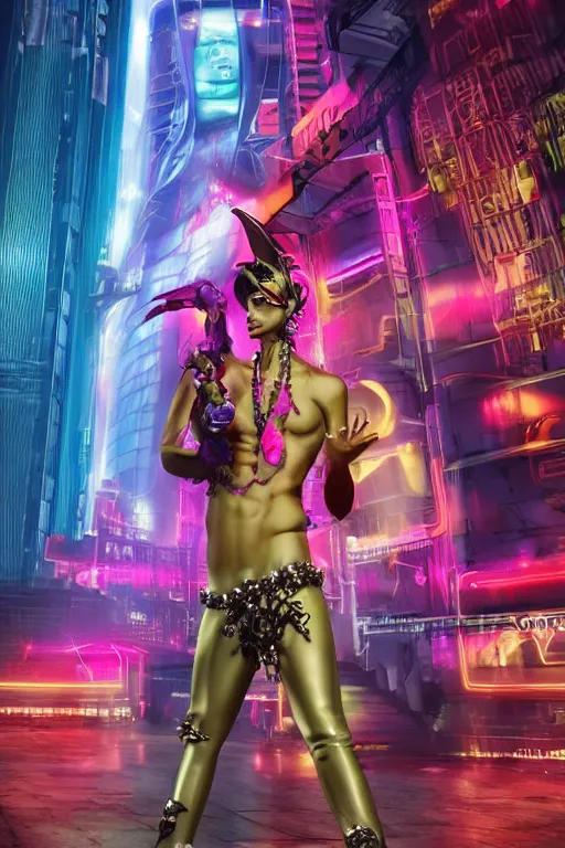 Image similar to full-body rococo and cyberpunk style neon statue of a muscular attractive Cubano sim roupa macho dotado e rico android sim roupa reclining con las piernas abiertas e la piroca dura e afuera, glowing red laser eyes, prince crown of red gears, diamonds, swirling black-colored silk fabric. futuristic elements. full-length view. aggressive space robots. giant balloon animals. human skulls. intricate artwork by caravaggio. Trending on artstation, octane render, cinematic lighting from the right, hyper realism, octane render, 8k, depth of field, 3D