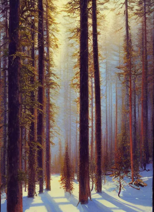 Prompt: surreal trippy coniferous forest taiga blizzard, extremely detailed oil painting, sargent and leyendecker, savrasov levitan polenov, bruce pennington, tim hildebrandt, digital art, landscape painting, trending on artstation, masterpiece