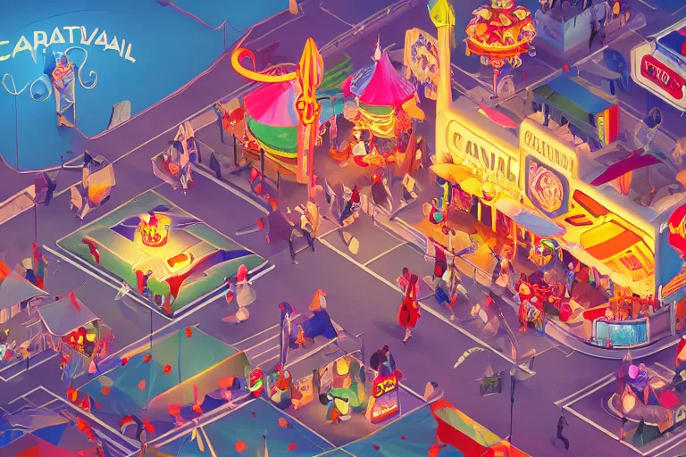 Prompt: carnival , isometric game art, white furniture, bright, artstation, highly detailed, cinematic lighting + masterpiece