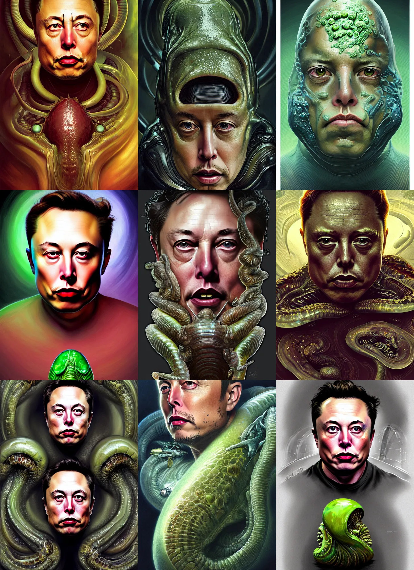 Prompt: cell shaded por! dream elon musk as mollusk, slime, drool, portrait, intricate, elegant, highly detailed, digital painting, artstation, concept art, wallpaper, smooth, sharp focus, illustration, art by h. r. giger and artgerm and greg rutkowski and alphonse mucha
